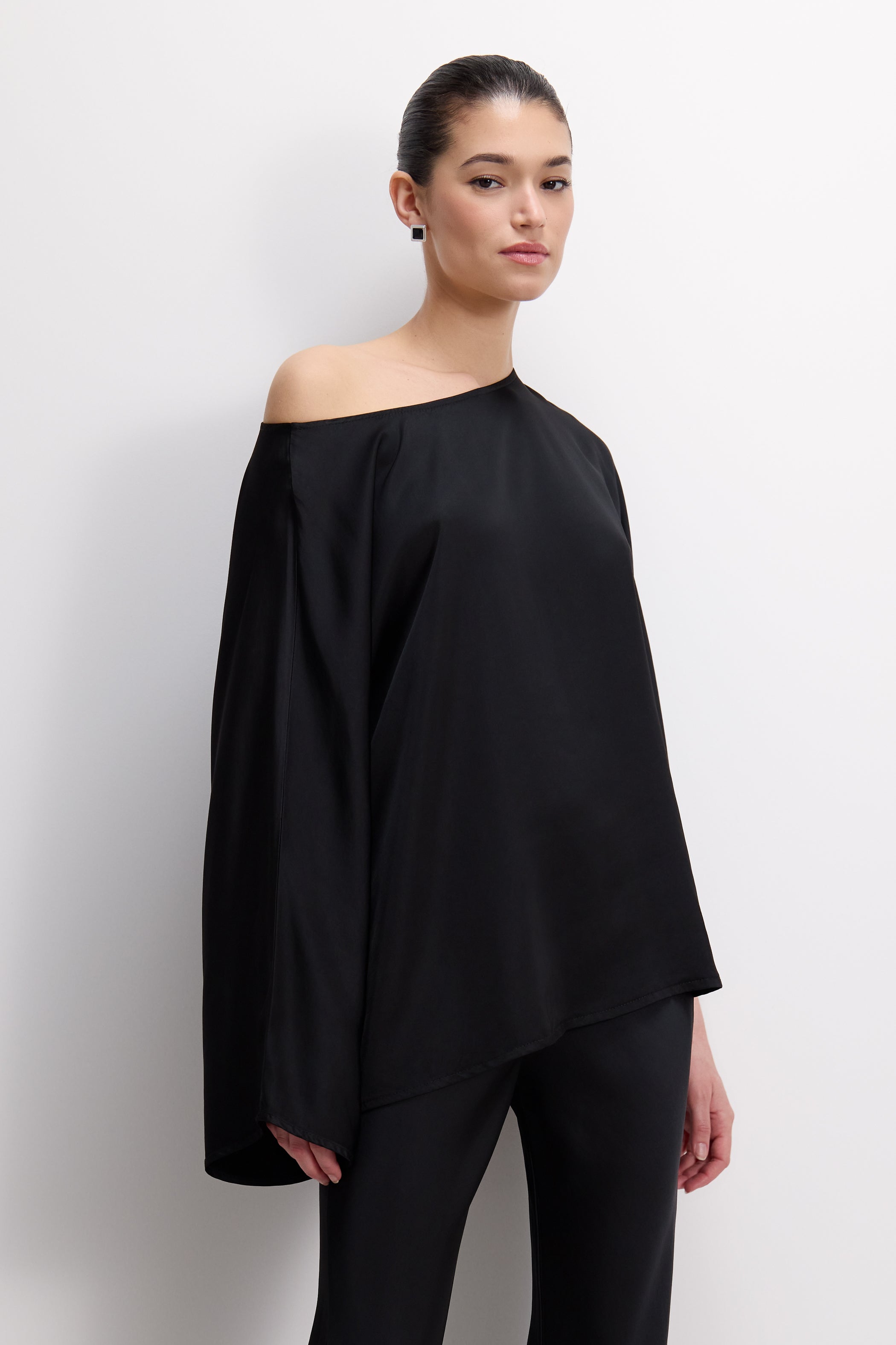 Arlet Wide Sleeve Boatneck Satin Top | Black