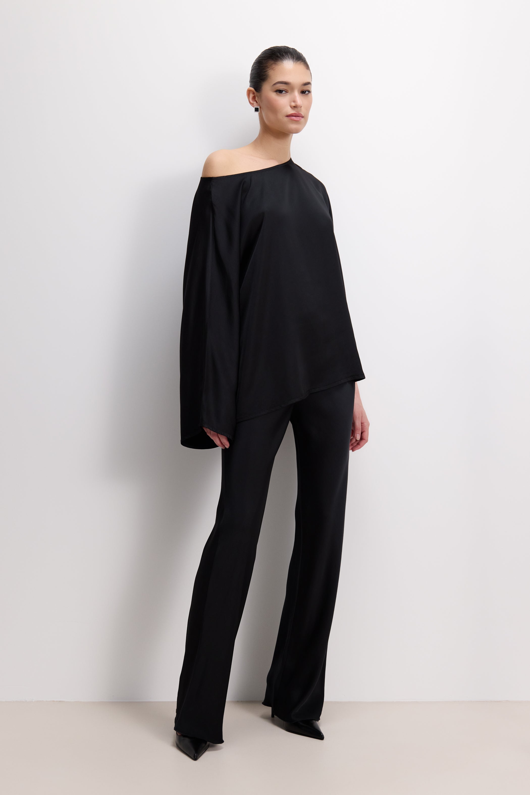 Arlet Wide Sleeve Boatneck Satin Top | Black