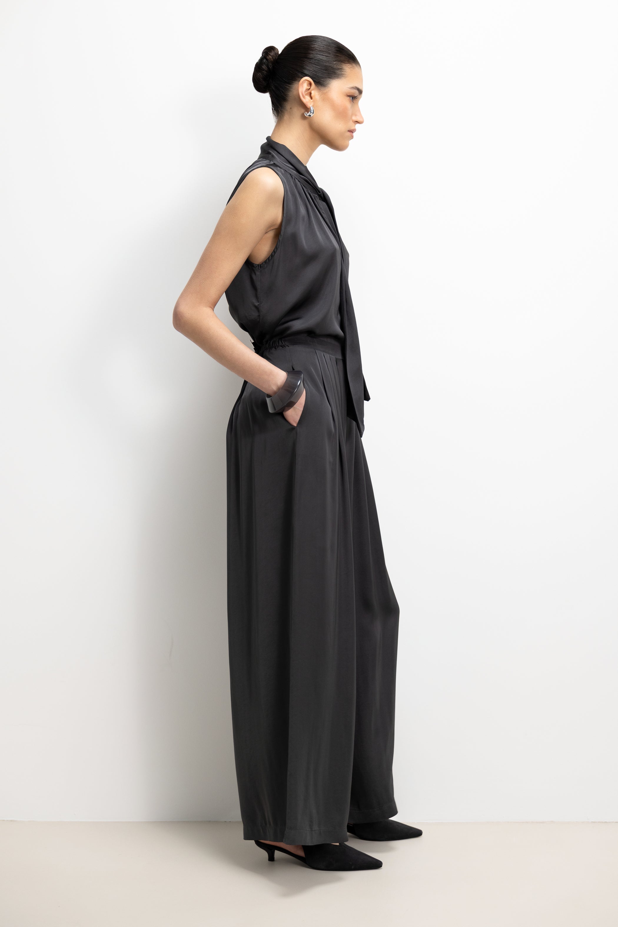 Lyanne Bow Neck Tie Satin Blouse | Anthracite