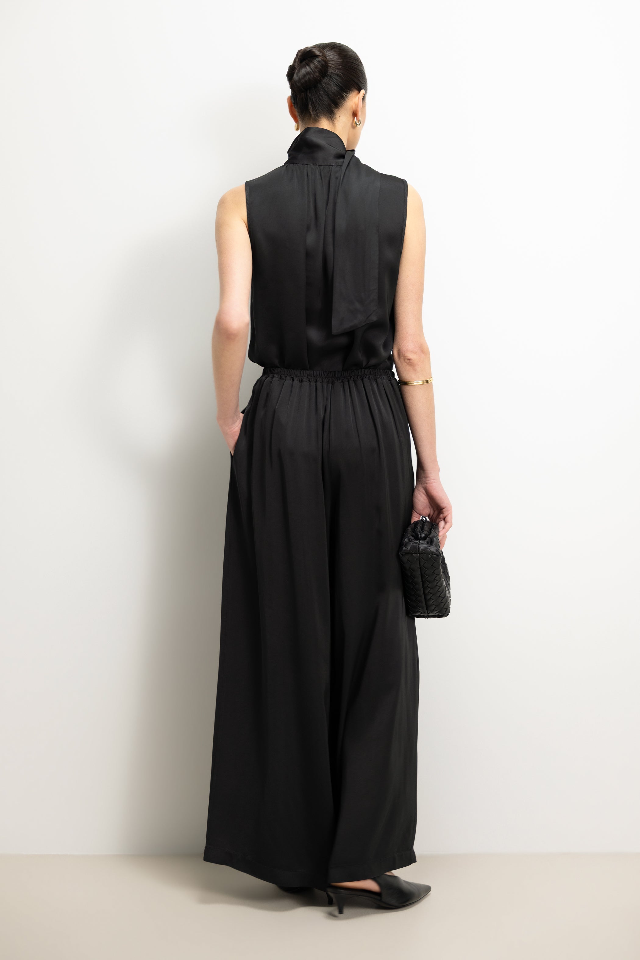 Arden Pleated Elastic Waist Satin Trousers | Black