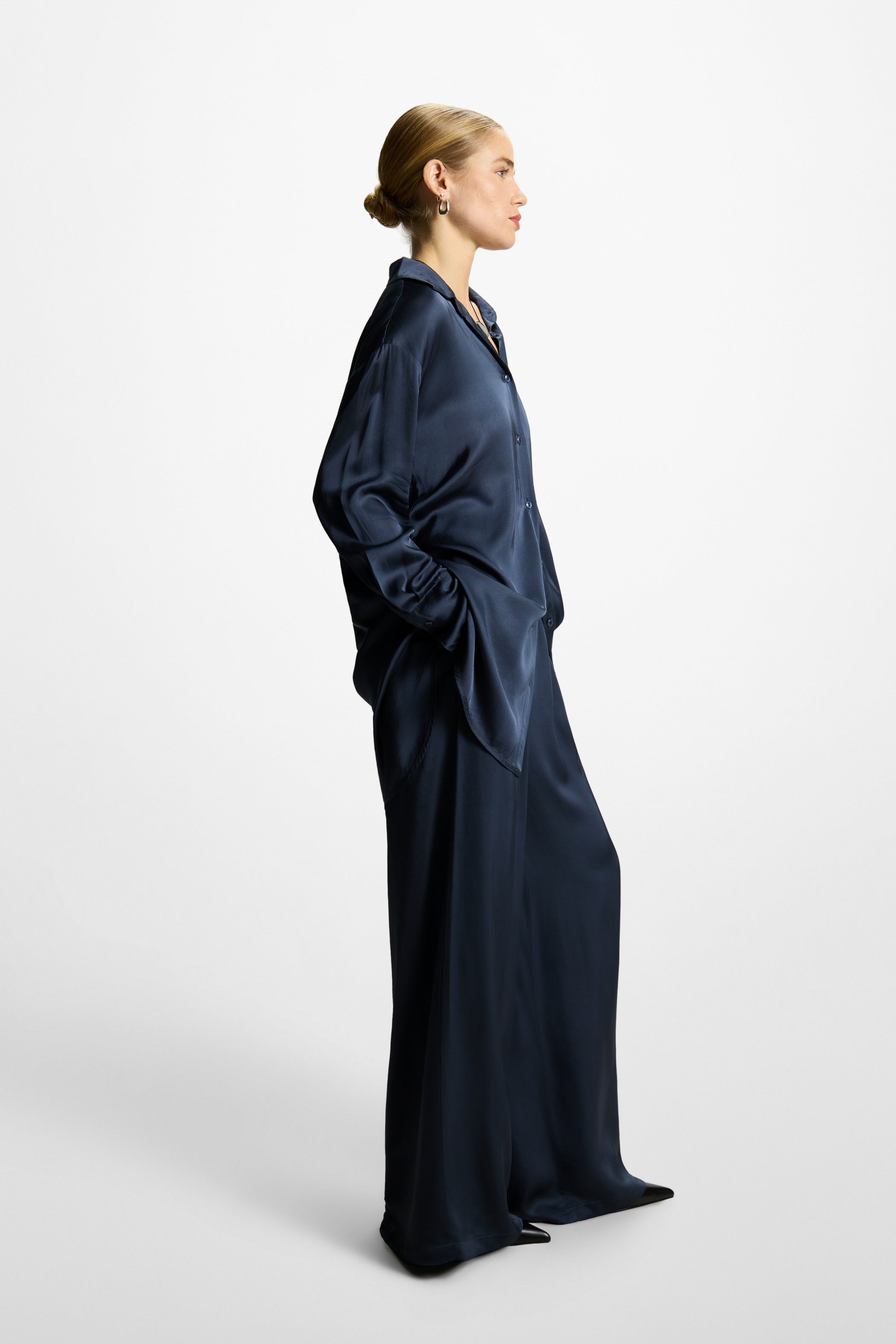 Claudia Elastic Waist Satin Trousers | Ink