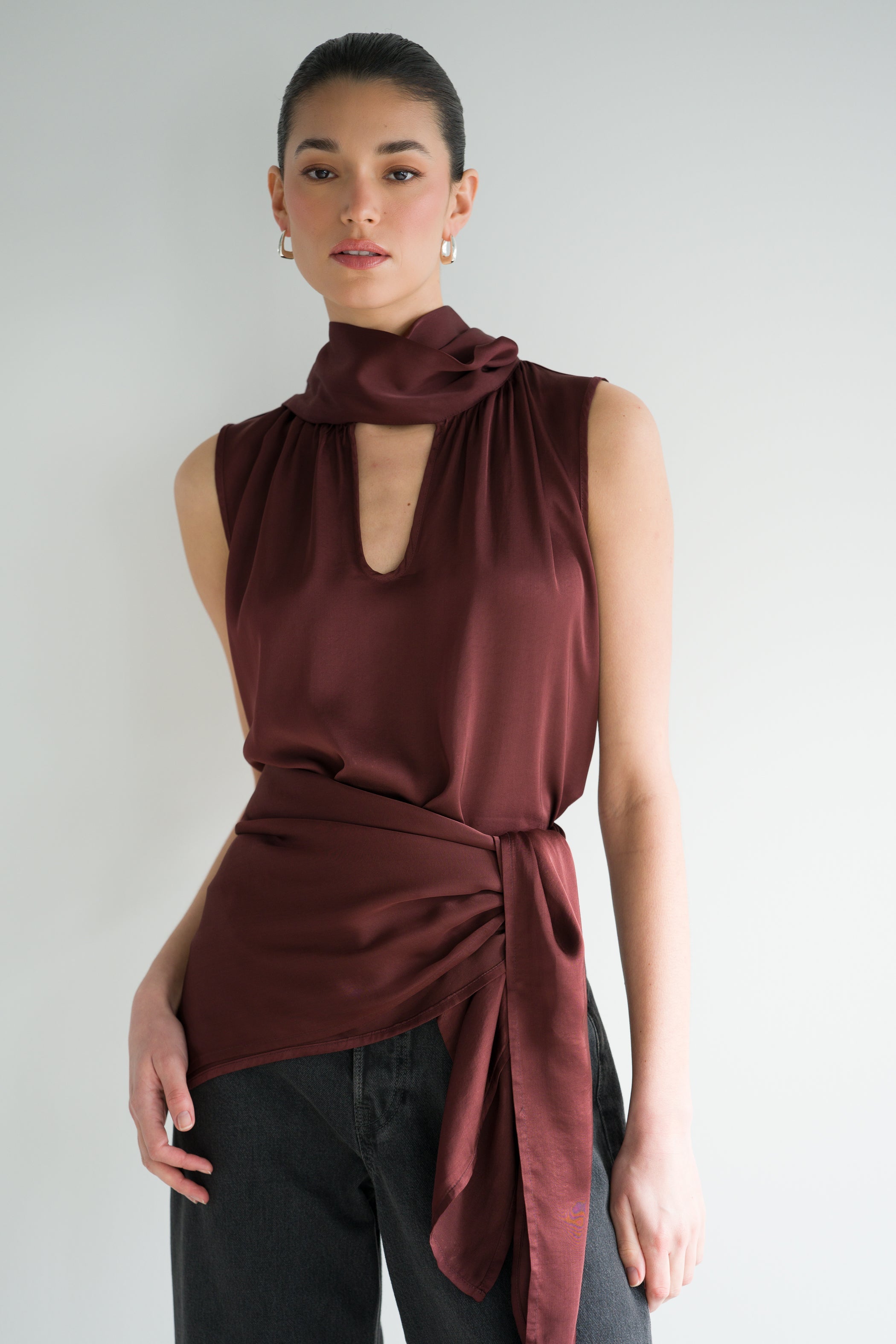 Lyanne Bow Neck Tie Satin Blouse | Plum
