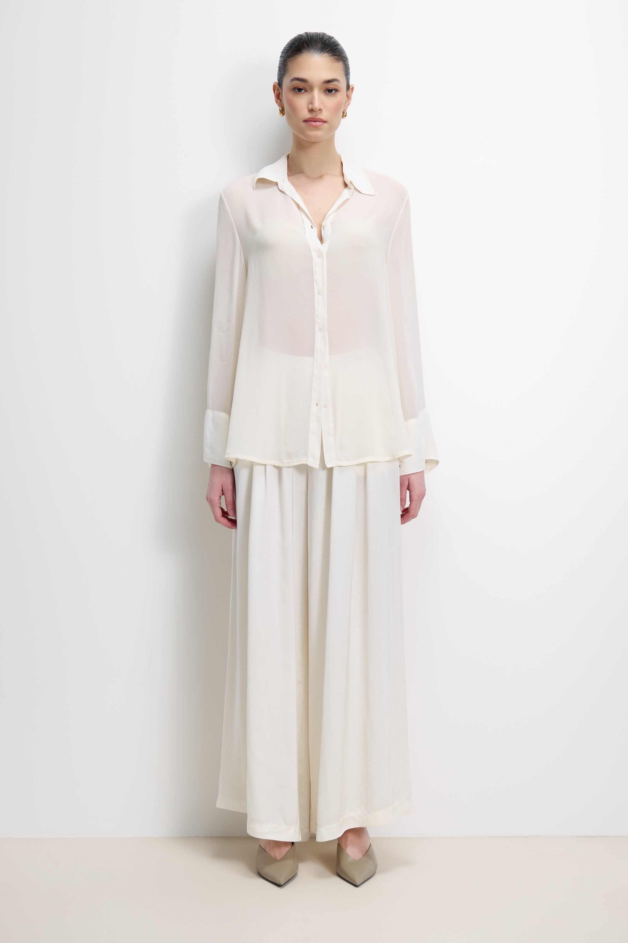 Arden Pleated Elastic Waist Satin Trousers | Ivory