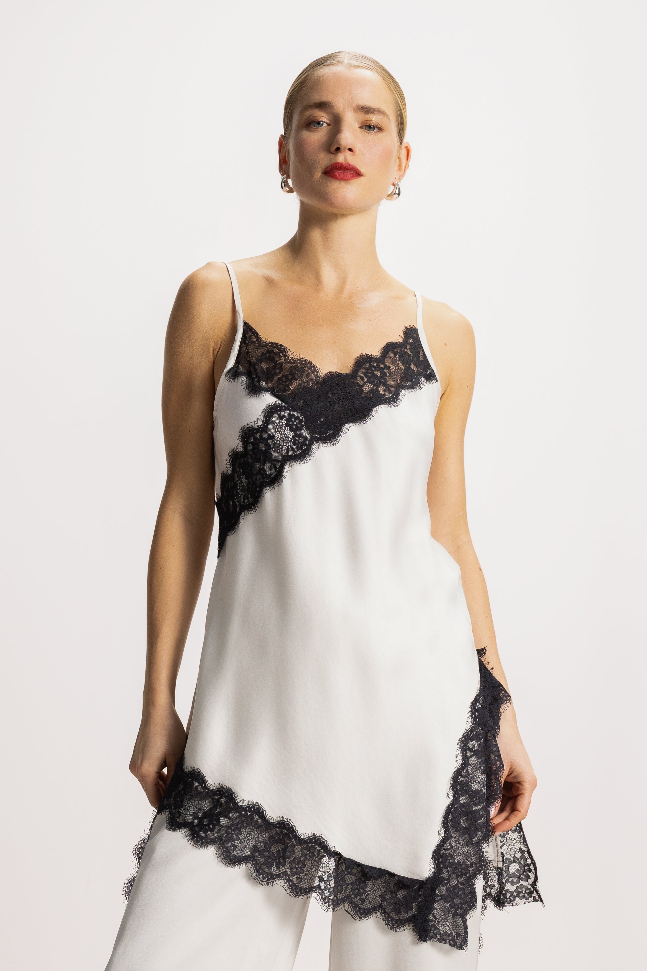 Sofia Asymmetric Lace Satin Vest | Ivory
