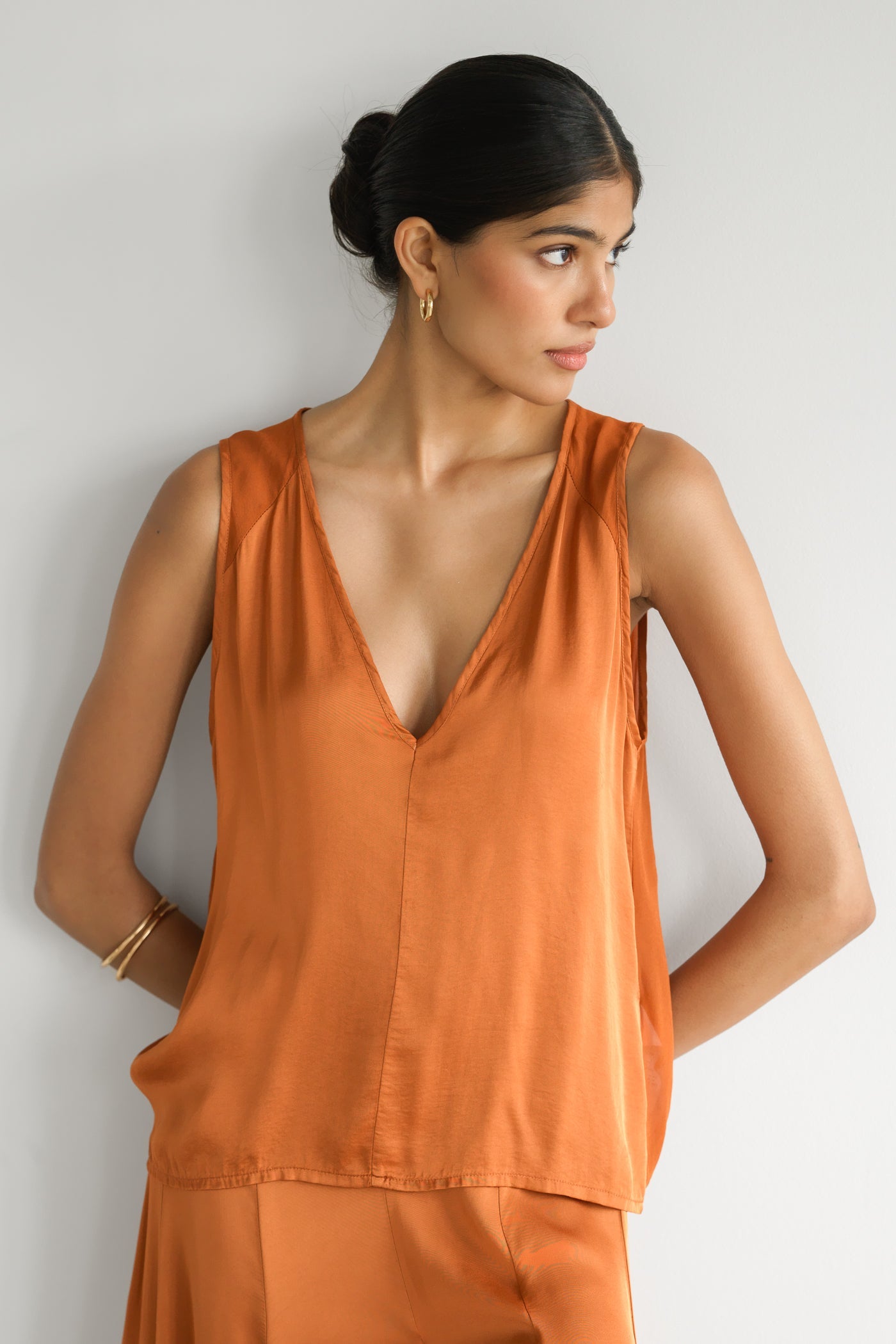 Gigi V Neck Sheer Back Satin Top | Sunset Orange
