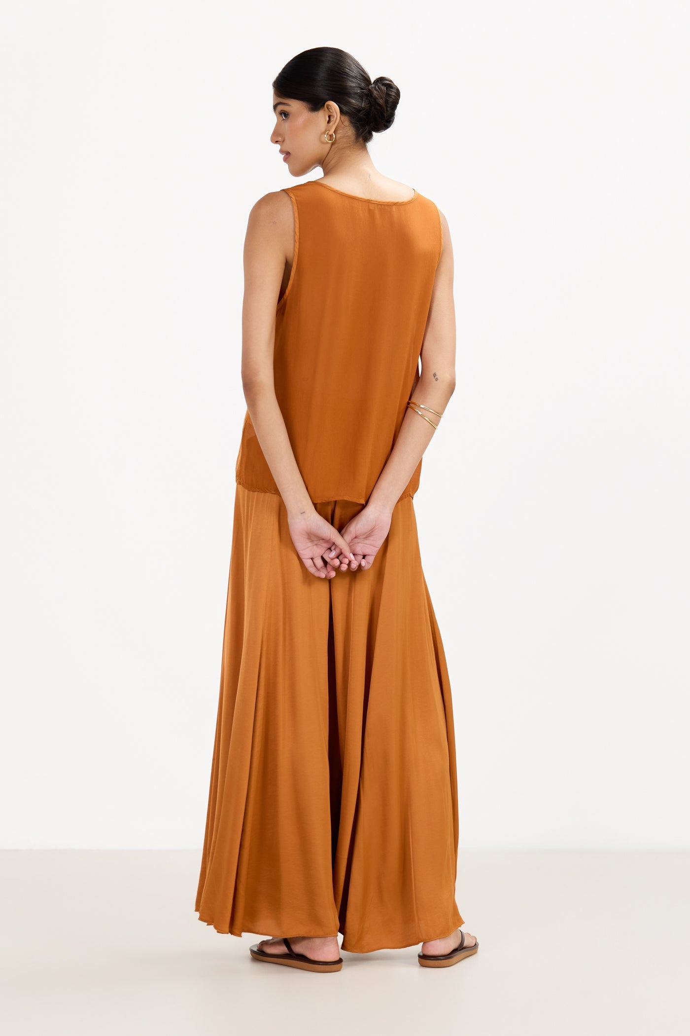 Gigi V Neck Sheer Back Satin Top | Sunset Orange