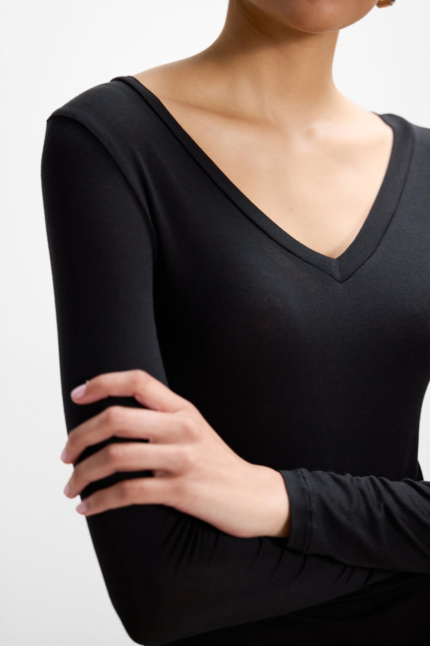 Sylvie V Neck Featherweight Top | Black | Modal-Silk