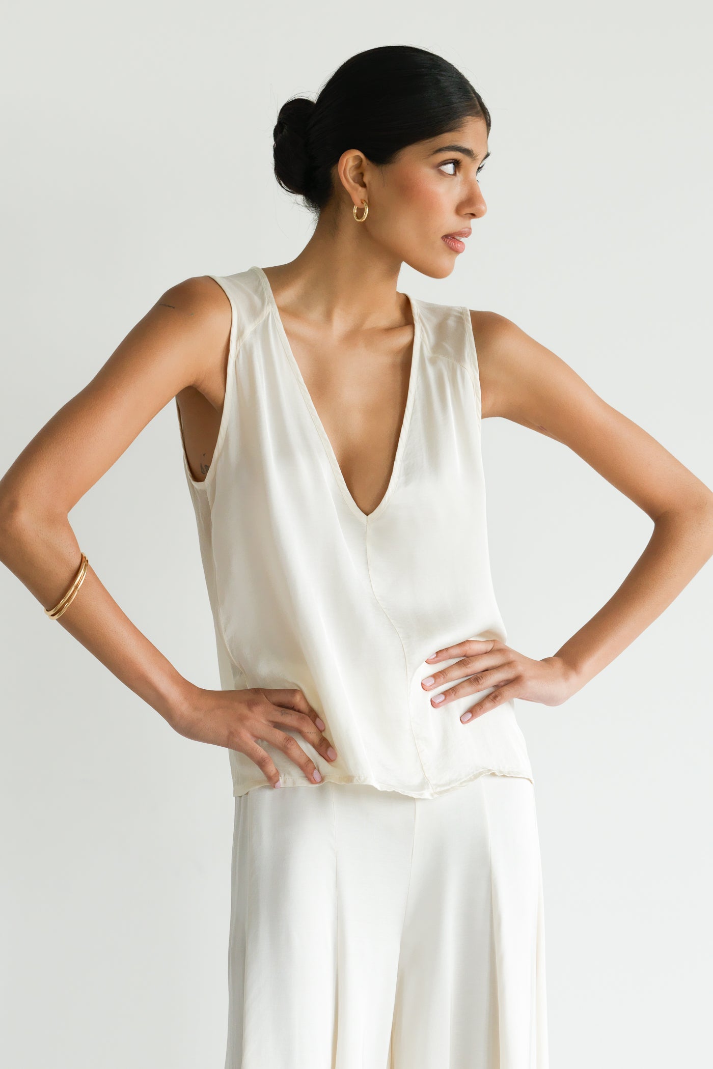 Gigi V Neck Sheer Back Satin Top | Ivory