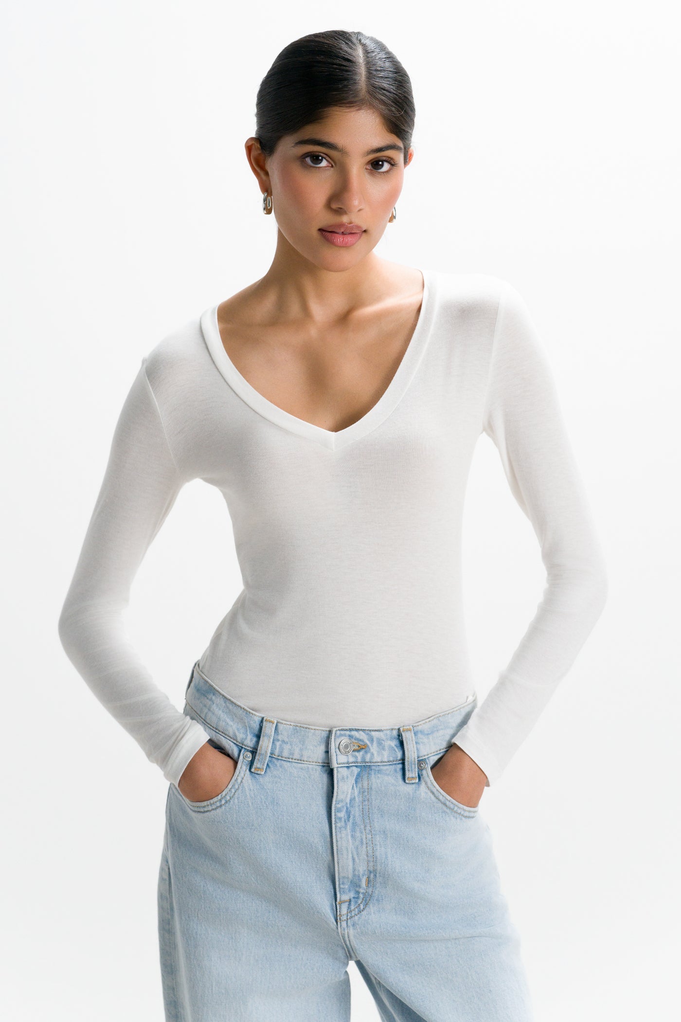 Sylvie V Neck Featherweight Top | White | Modal-Silk