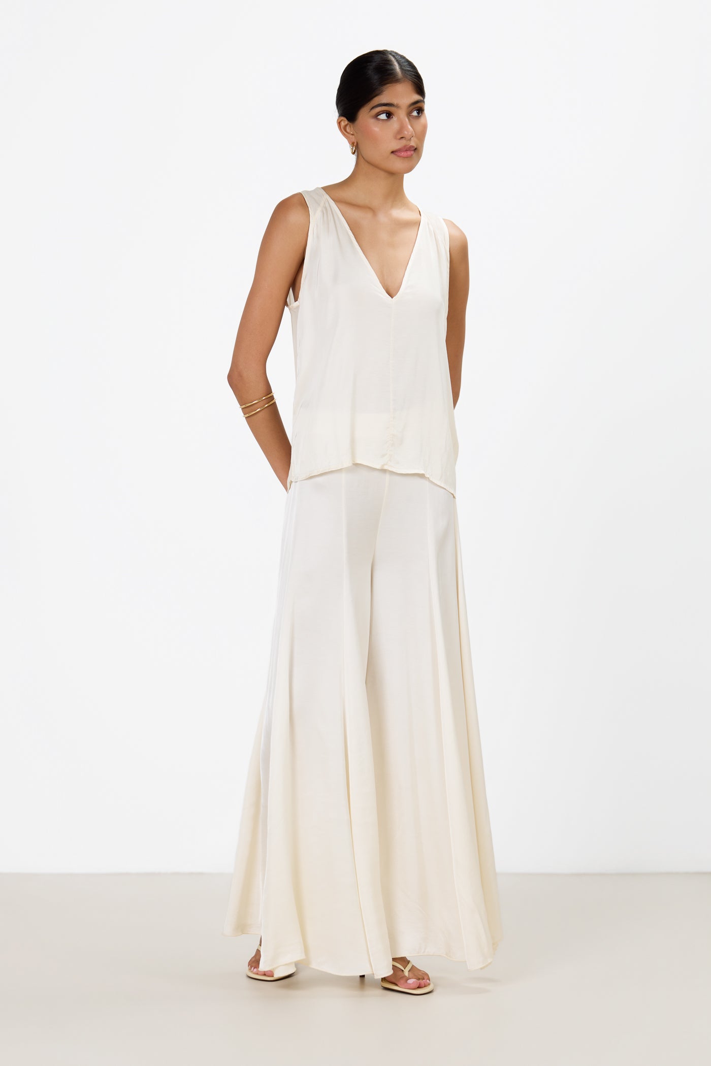 Gigi V Neck Sheer Back Satin Top | Ivory