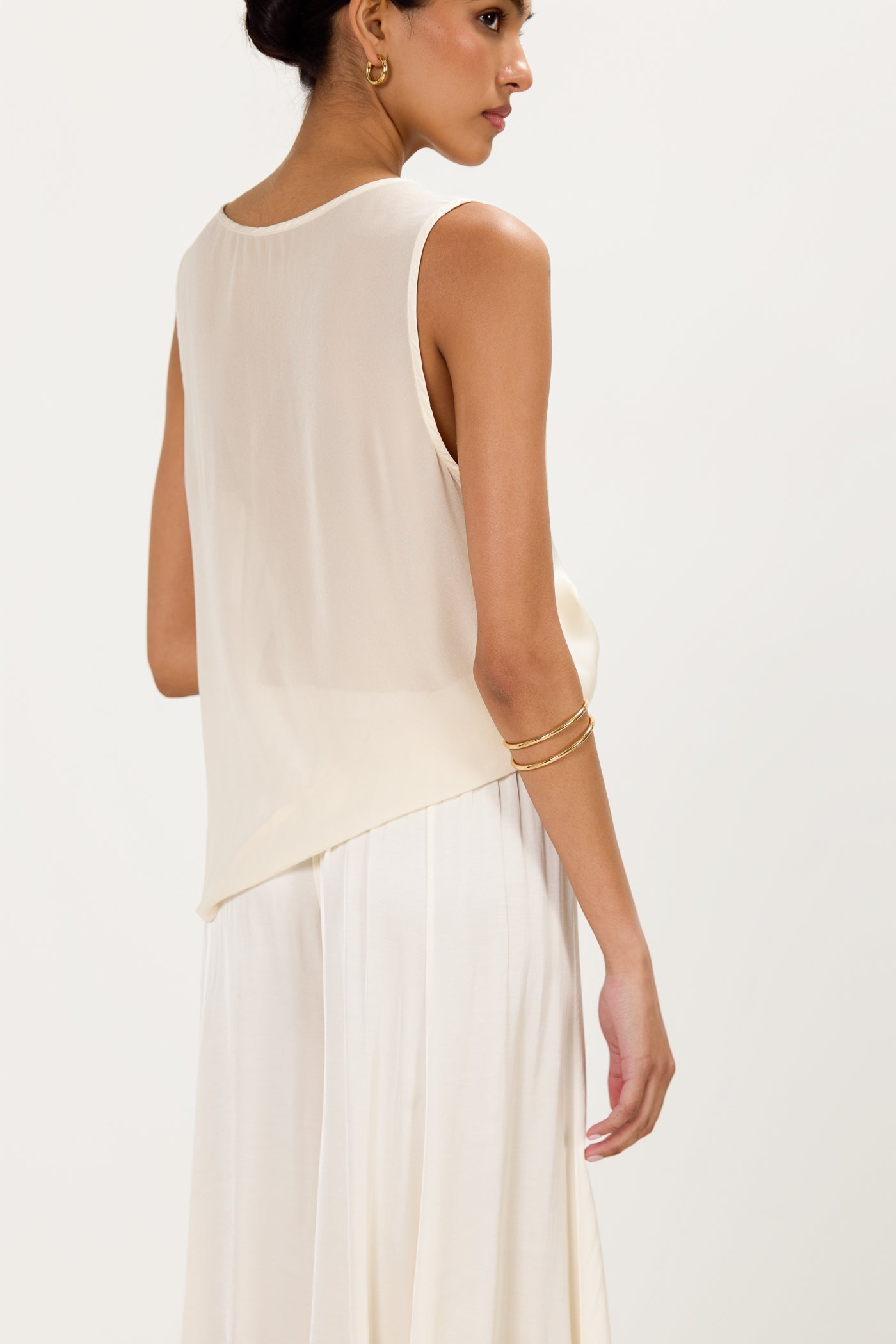 Gigi V Neck Sheer Back Satin Top | Ivory