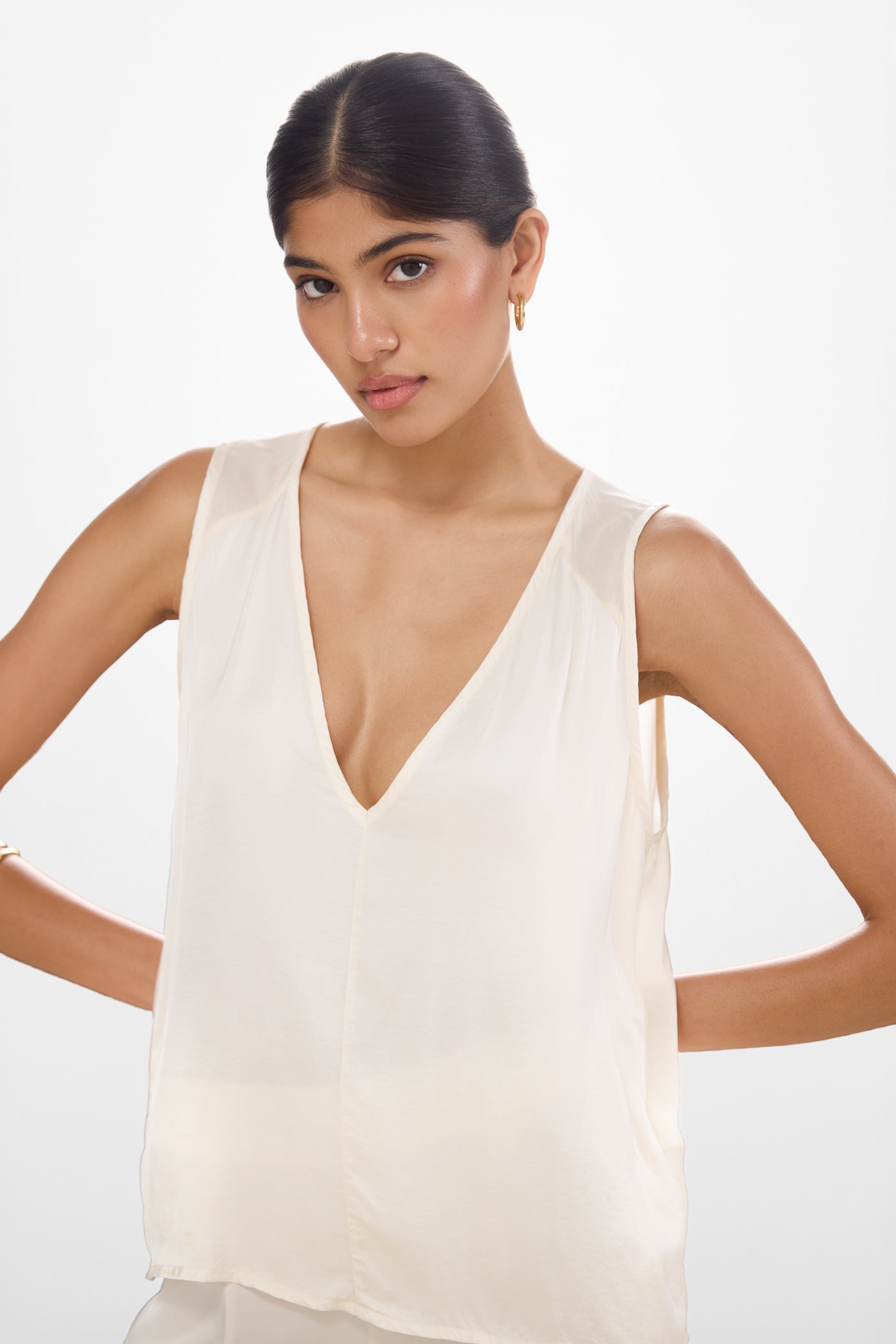 Gigi V Neck Sheer Back Satin Top | Ivory