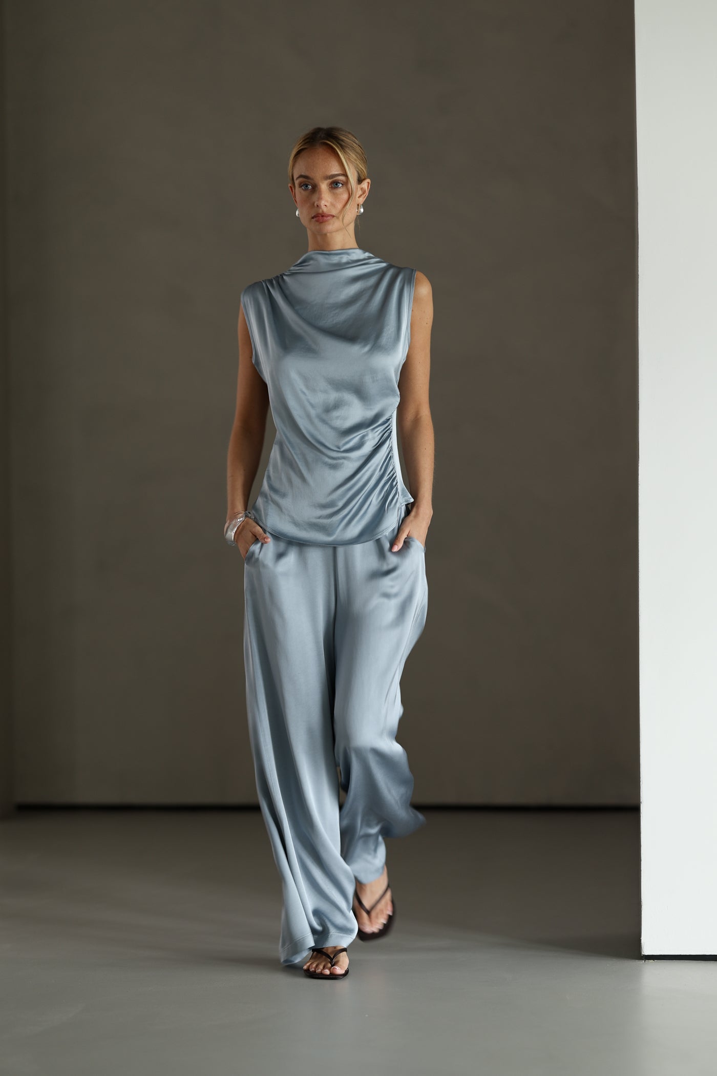 Cole Satin Trousers | Dusty Blue