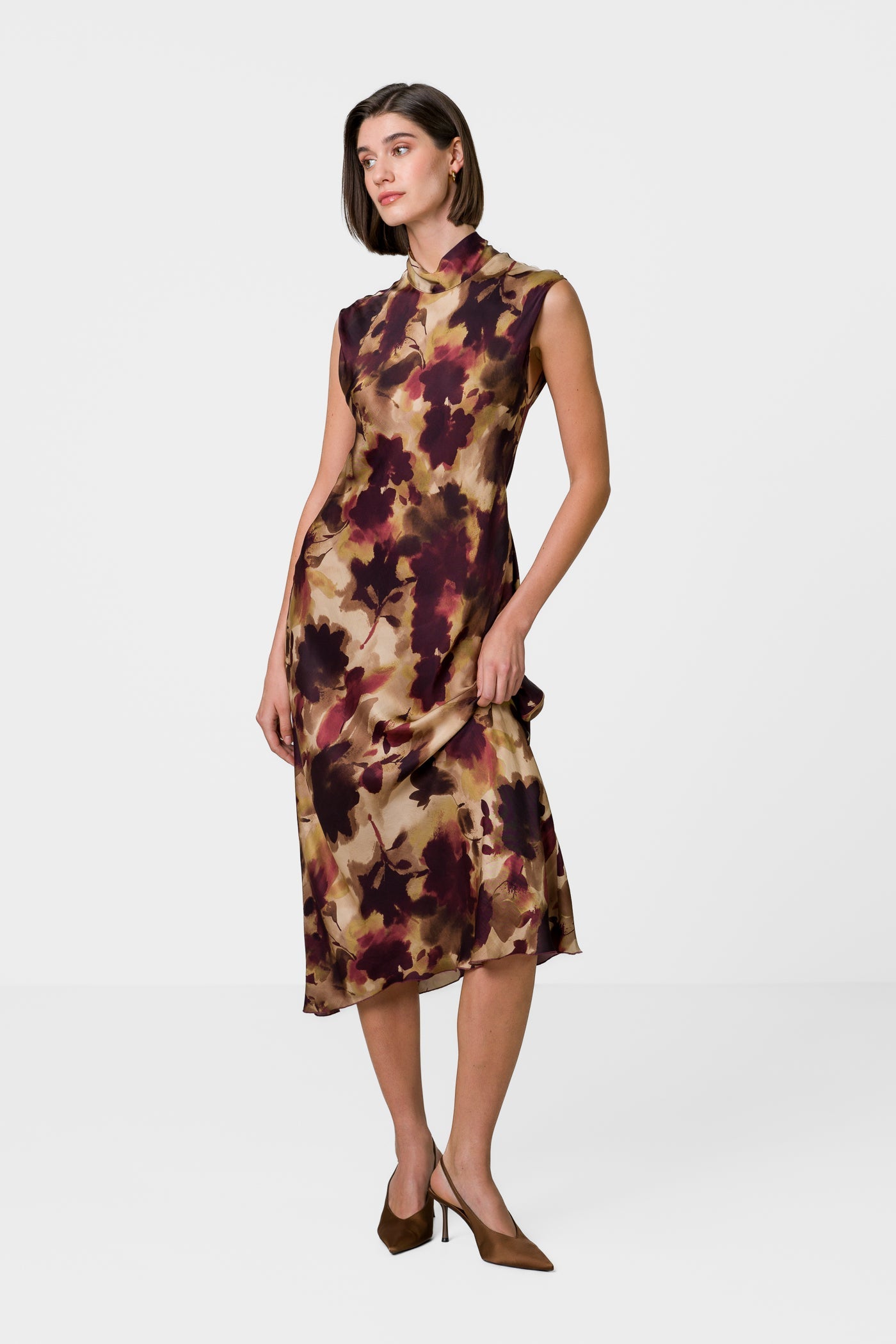 Selena Halterneck Satin Midi Dress | Plum Floral