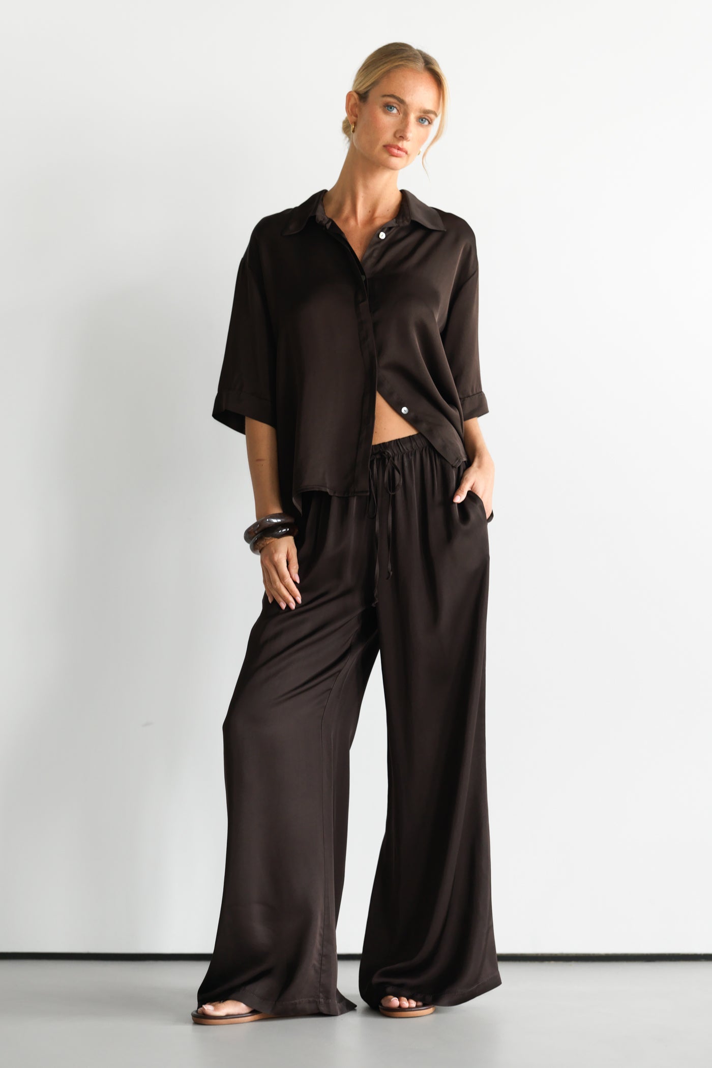 Nora Drawstring Satin Pants | Espresso Brown
