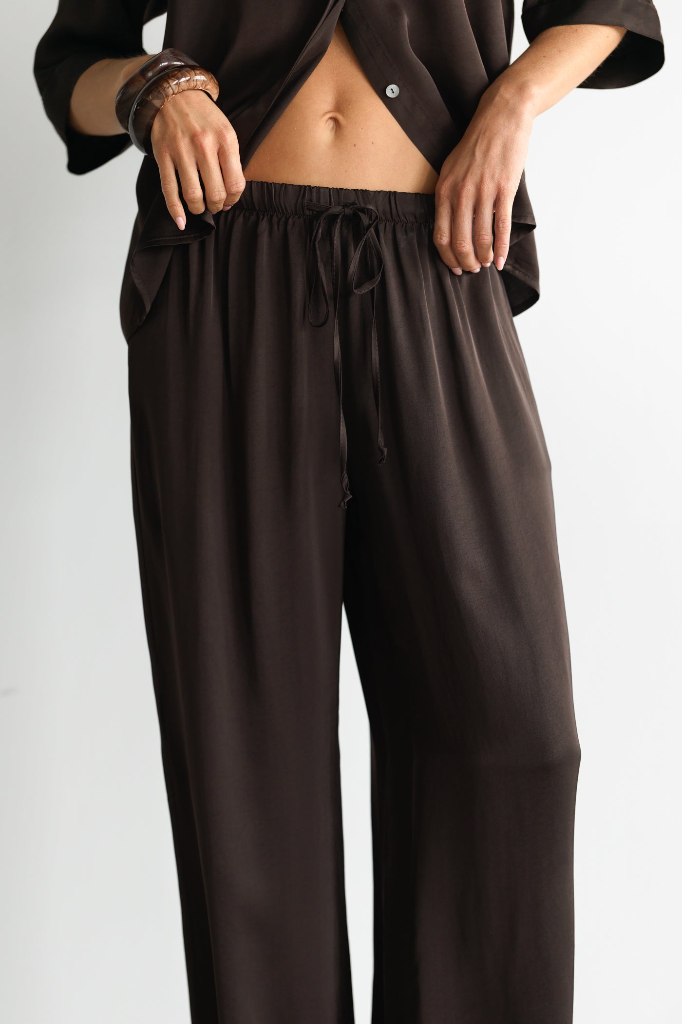 Nora Drawstring Satin Pants | Espresso Brown