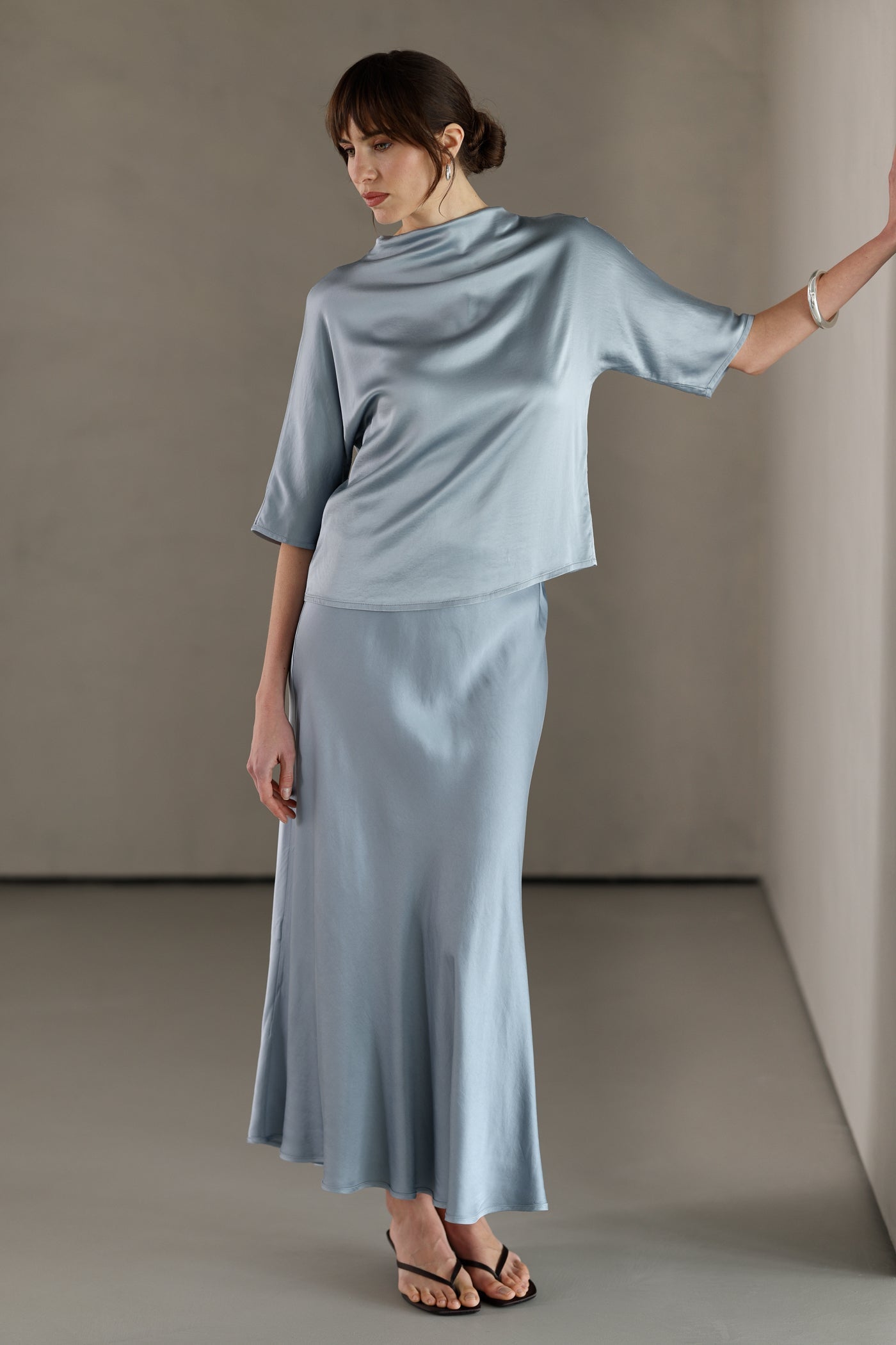Camilla Bias Satin Skirt | Dusty Blue