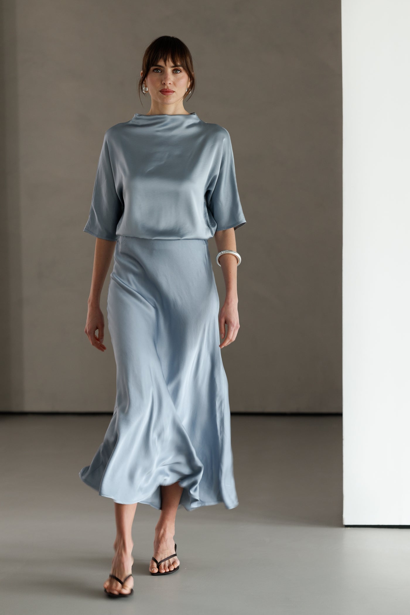Camilla Bias Satin Skirt | Dusty Blue