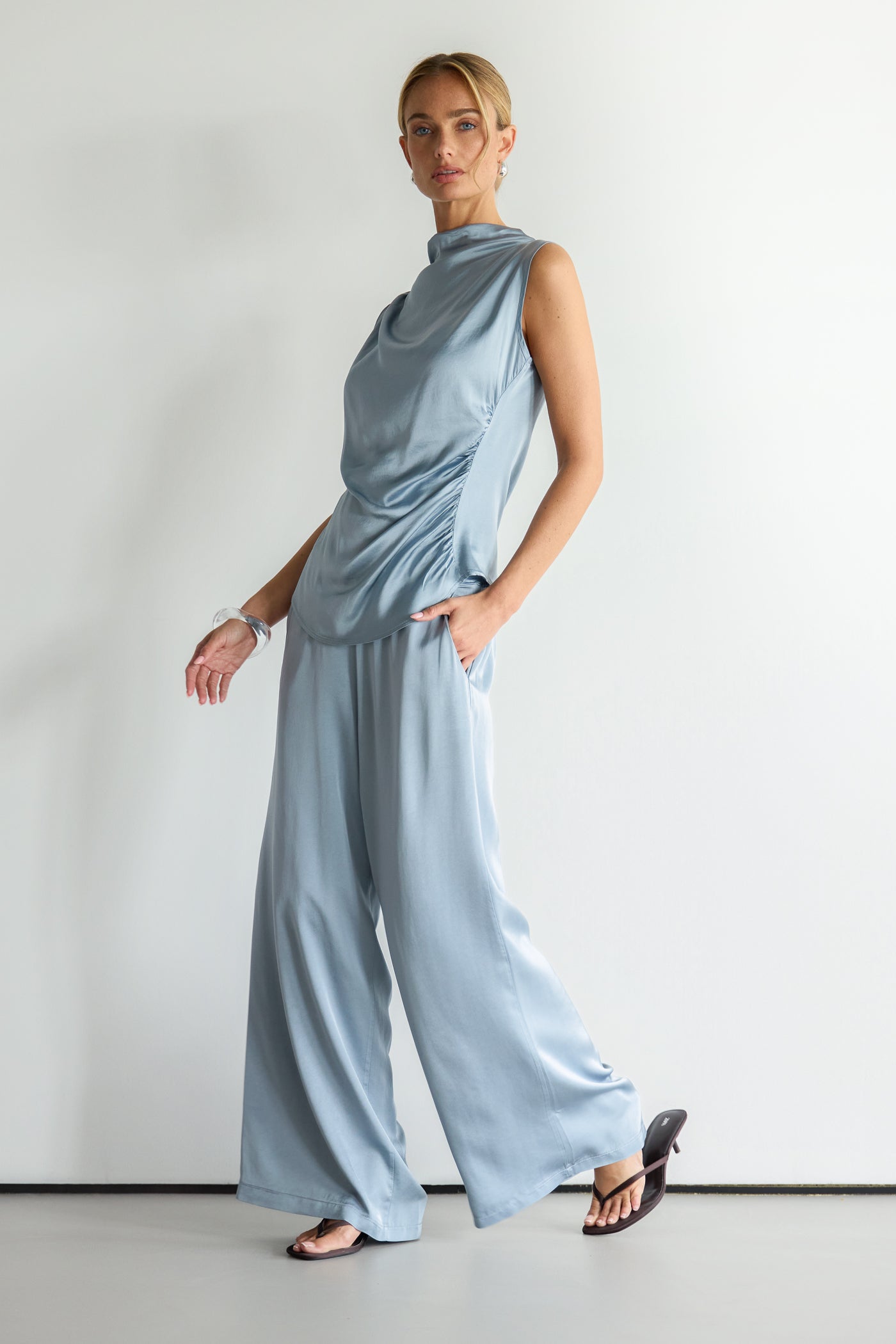 Cole Satin Trousers | Dusty Blue