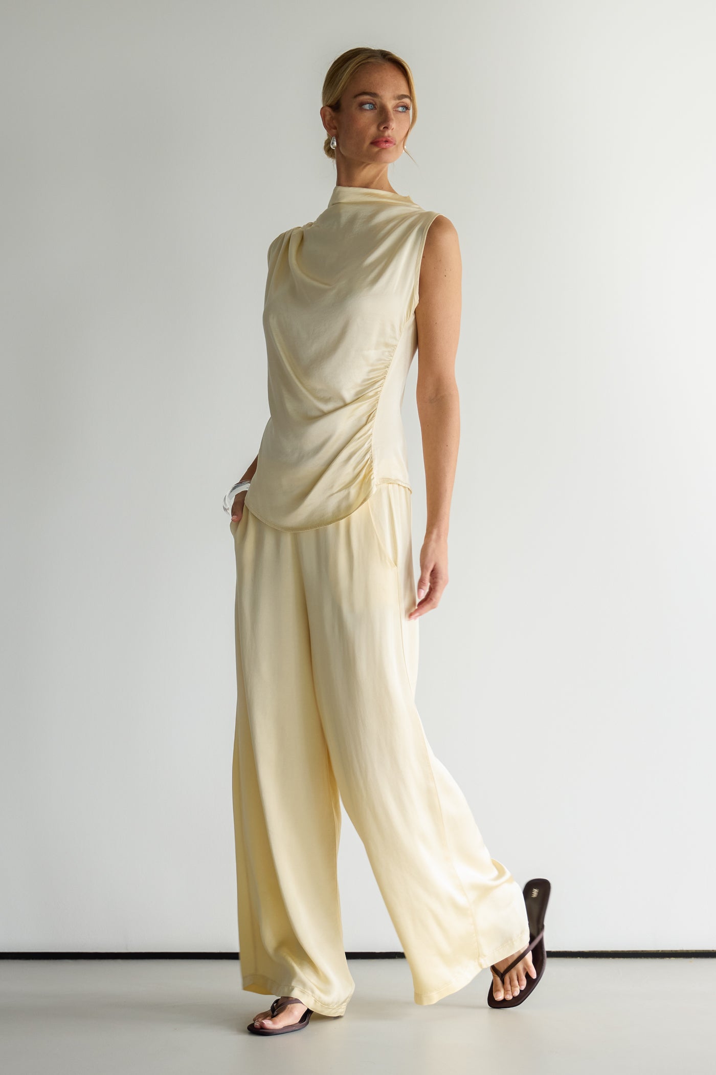 Allegra Draped Satin Sleeveless Top | Buttercream