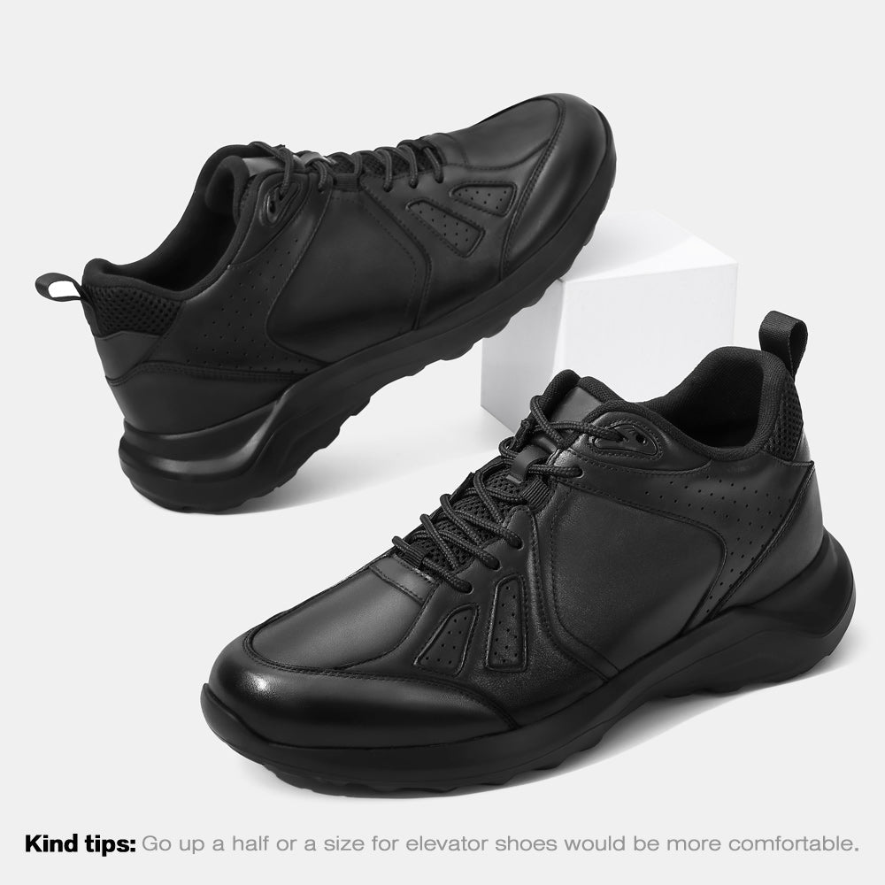 8cm/3.15in CMR Chamaripa Men's Wide Height Increasing Shoes | Black Leather Men's Elevator Sneakers