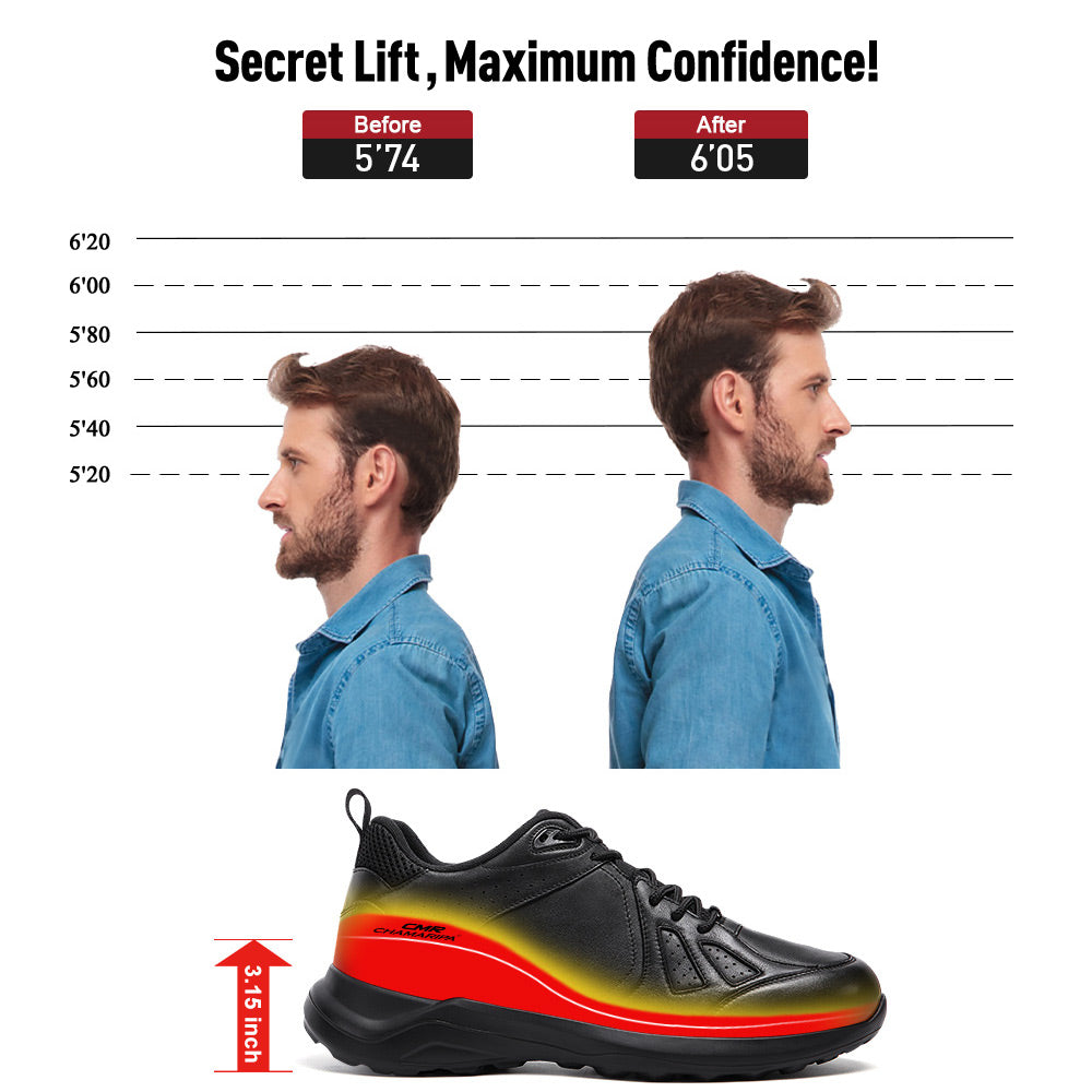 8cm/3.15in CMR Chamaripa Men's Wide Height Increasing Shoes | Black Leather Men's Elevator Sneakers