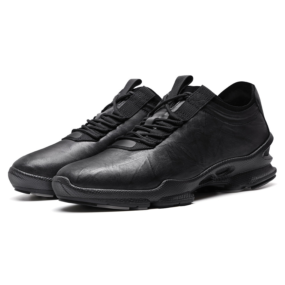 7CM / 2.76 Inches CMR CHAMARIPA Men's Raised Heel Shoes | Black Leather Casual Elevator Sneakers
