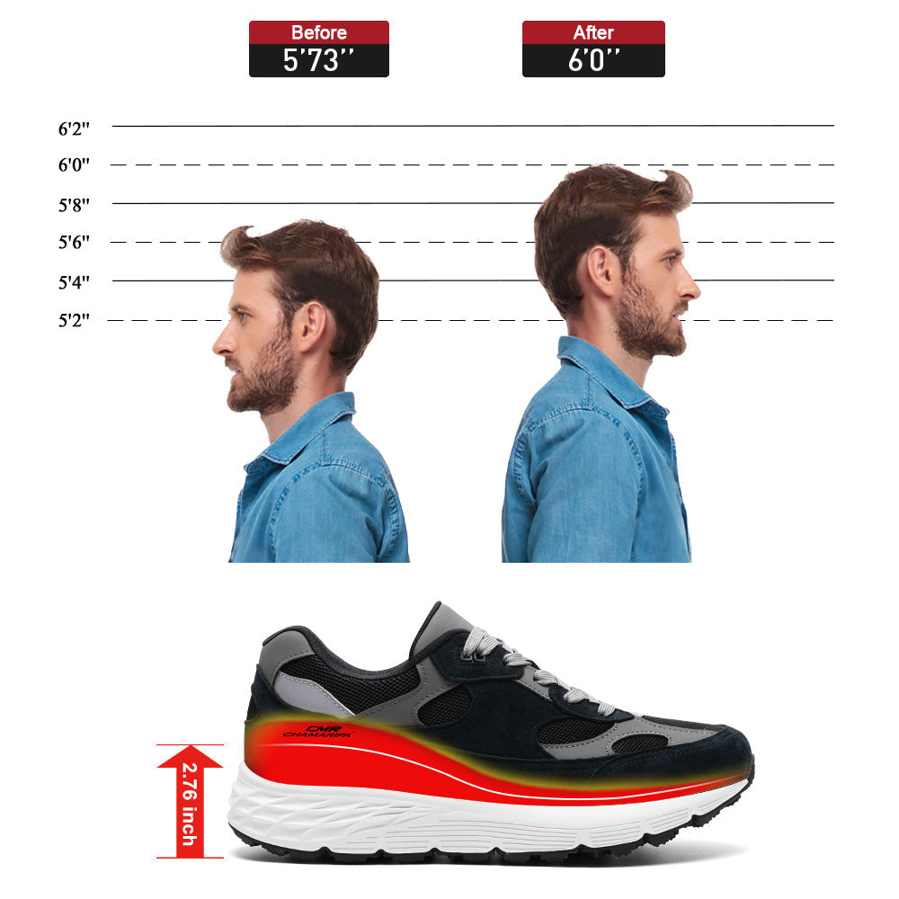 7CM / 2.76 Inches CMR CHAMARIPA Men’s Elevator Sneakers | Black Mesh & Suede Sport Shoes