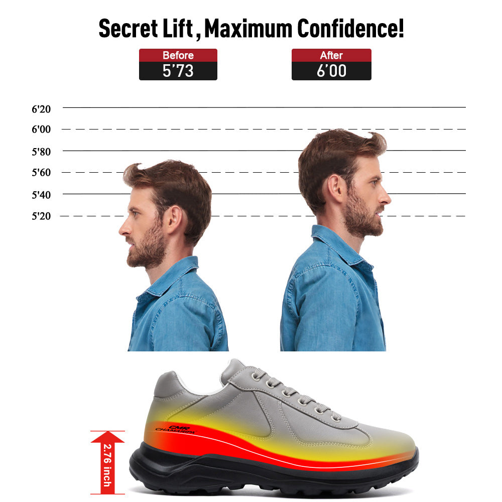 7CM / 2.76 Inches CMR CHAMARIPA Men's Height Increase Shoes - Gray Leather Trainers That Make You Taller