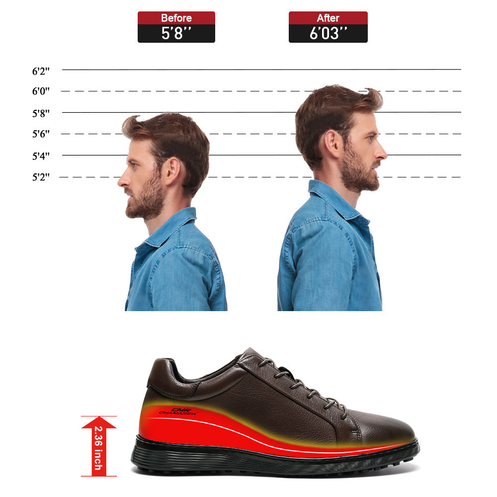 6CM / 2.36 Inches CMR CHAMARIPA Invisible Height Increase Shoes | Brown Leather Men's Casual Elevator Shoes