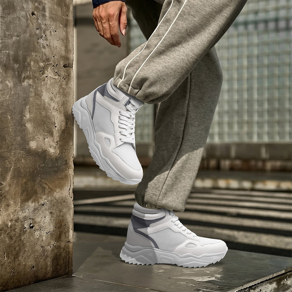 8CM / 3.15 Inches CMR CHAMARIPA High Top Elevator Shoes For Men | White Leather Height Increasing Sneakers