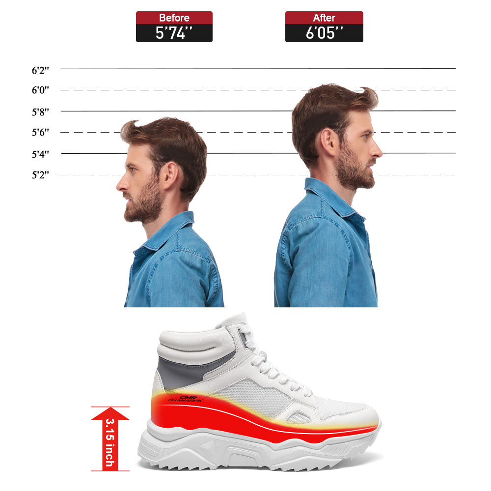 8CM / 3.15 Inches CMR CHAMARIPA High Top Elevator Shoes For Men | White Leather Height Increasing Sneakers
