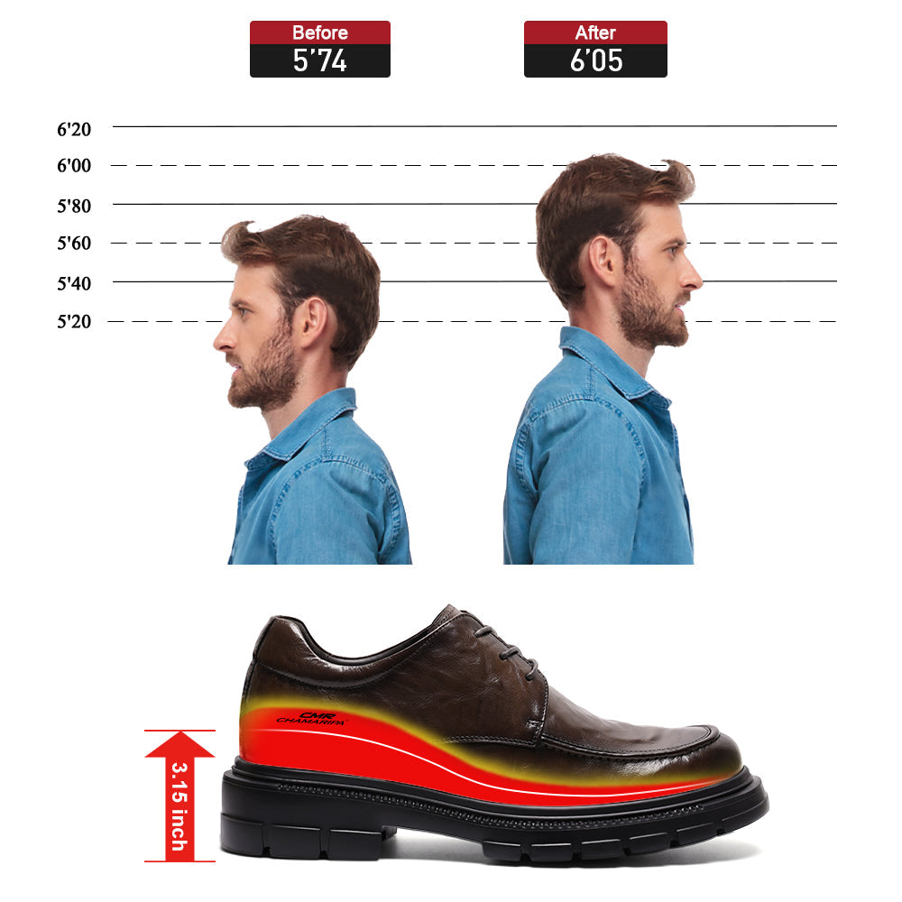 8CM / 3.15 Inches CMR CHAMARIPA Men's Height Increasing Shoes | Coffee Leather Elevator Derby Shoes
