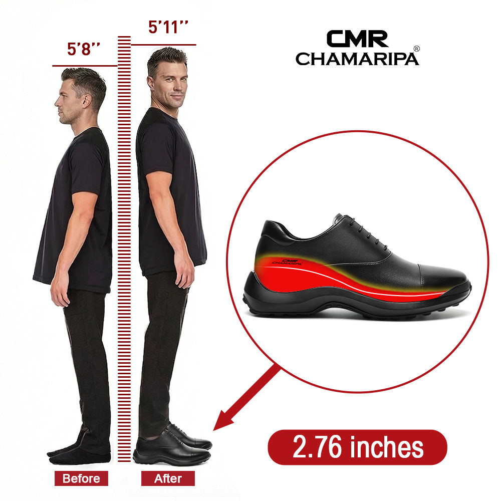 7 CM / 2.76 Inches CMR CHAMARIPA Elevator Shoes For Men | Black Leather Anti-Slip Oxford Shoes