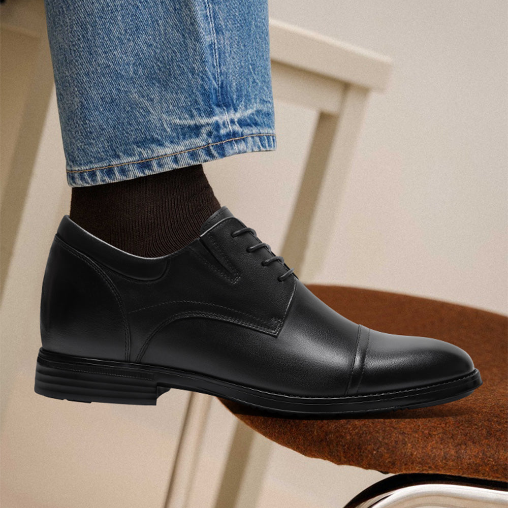 8CM / 3.15 Inches CMR CHAMARIPA Men's Elevator Dress Shoes | Black Leather Formal Cap Toe Derby Shoes