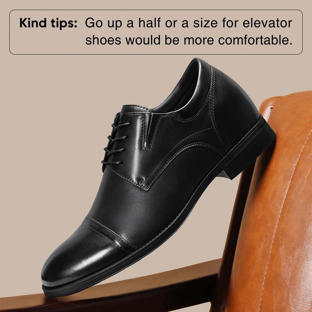 8CM / 3.15 Inches CMR CHAMARIPA Men's Elevator Dress Shoes | Black Leather Formal Cap Toe Derby Shoes