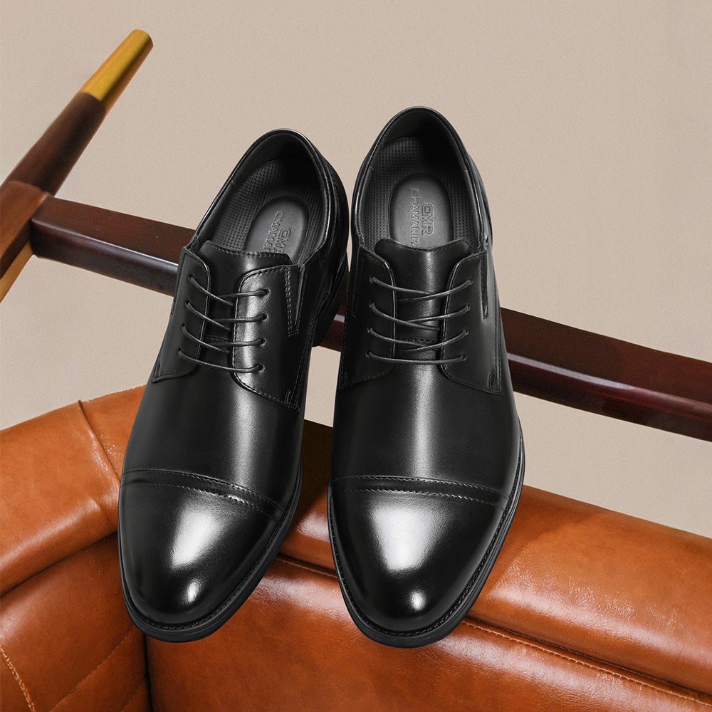 8CM / 3.15 Inches CMR CHAMARIPA Men's Elevator Dress Shoes | Black Leather Formal Cap Toe Derby Shoes
