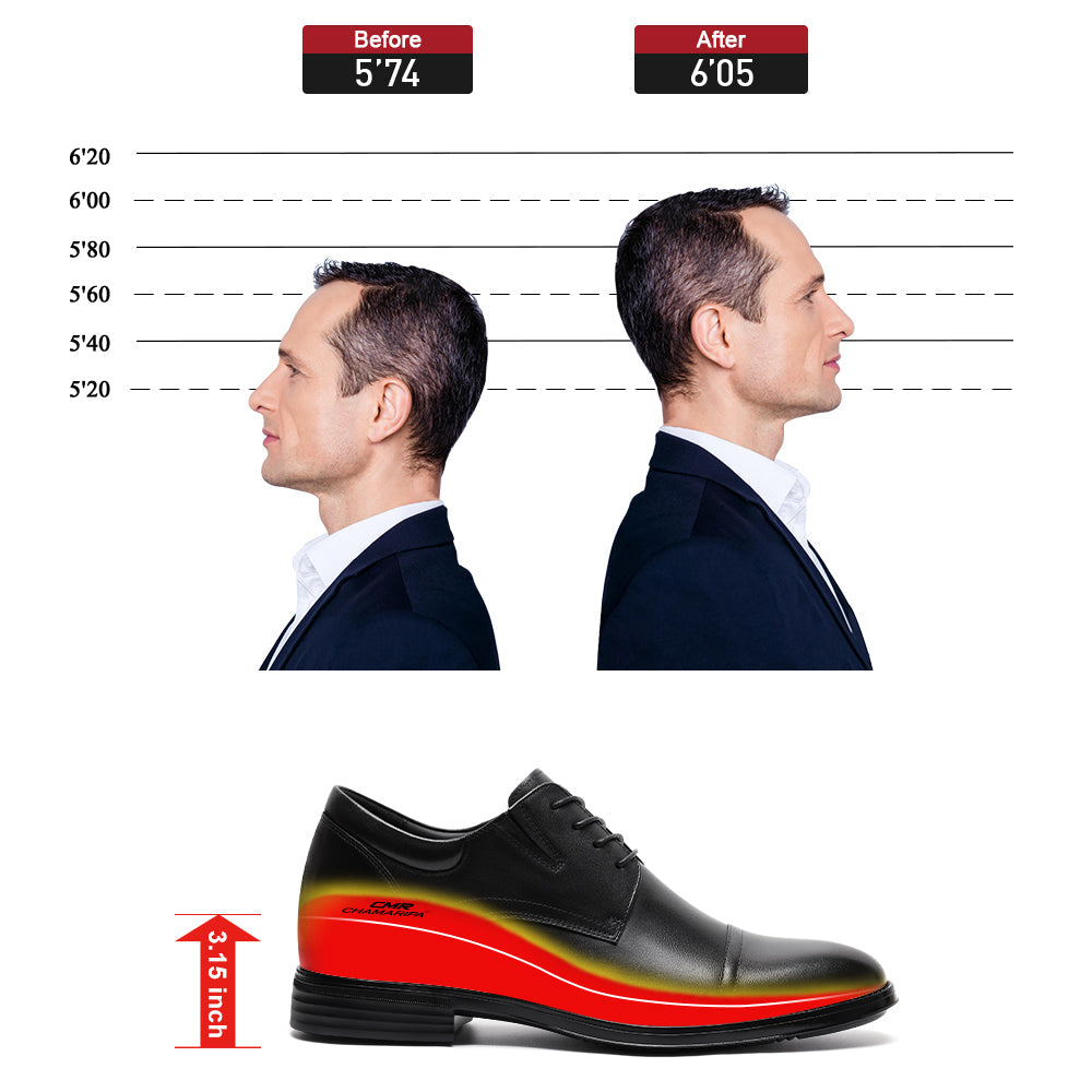 8CM / 3.15 Inches CMR CHAMARIPA Men's Elevator Dress Shoes | Black Leather Formal Cap Toe Derby Shoes