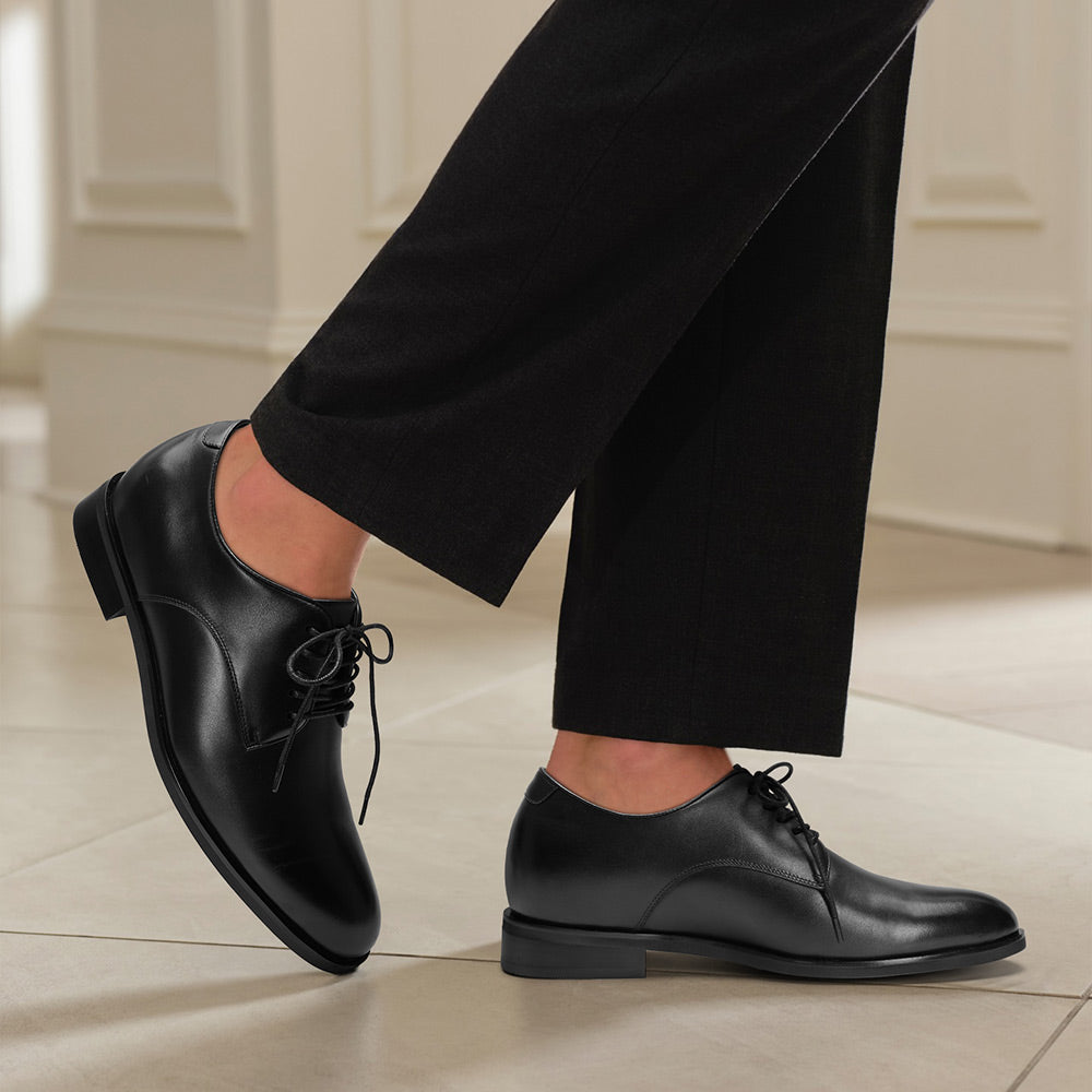 7 CM / 2.76 Inches CMR CHAMARIPA Mens Raised Shoes | Black Leather Plain Toe Derby Shoes