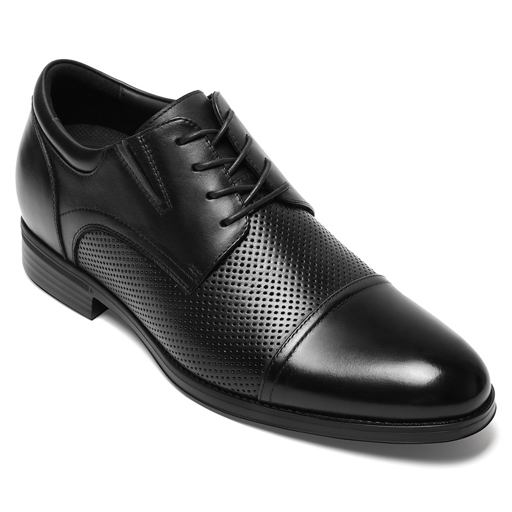7 CM / 2.76 Inches CMR CHAMARIPA Men Height Increasing Shoes | Black Leather Cap-Toe Derby Shoes