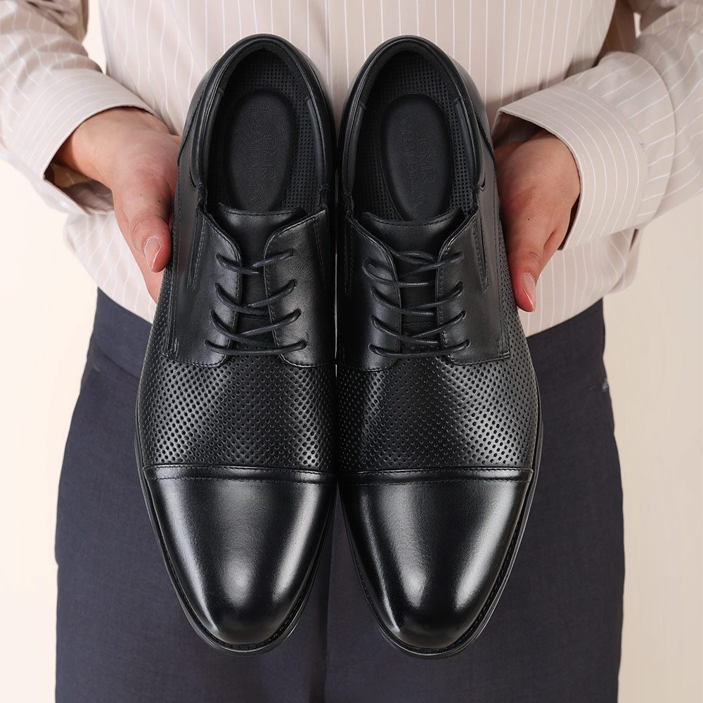 7 CM / 2.76 Inches CMR CHAMARIPA Men Height Increasing Shoes | Black Leather Cap-Toe Derby Shoes