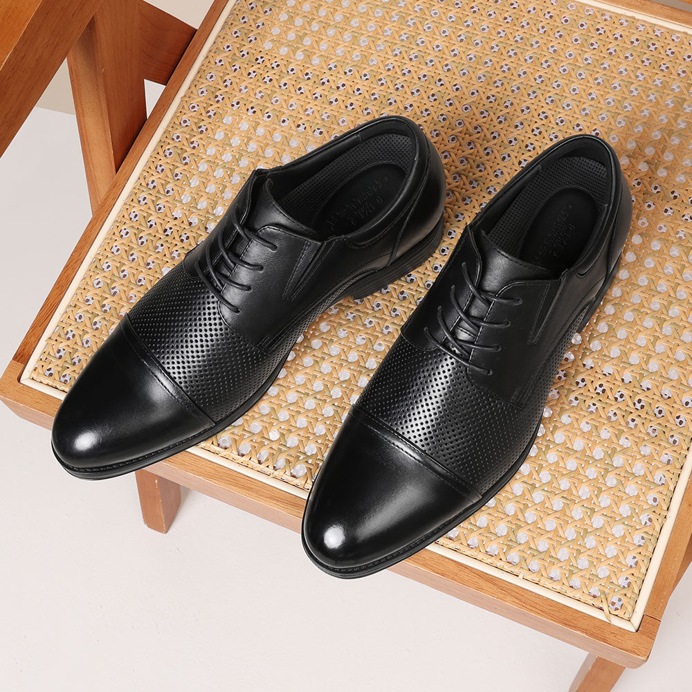 7 CM / 2.76 Inches CMR CHAMARIPA Men Height Increasing Shoes | Black Leather Cap-Toe Derby Shoes