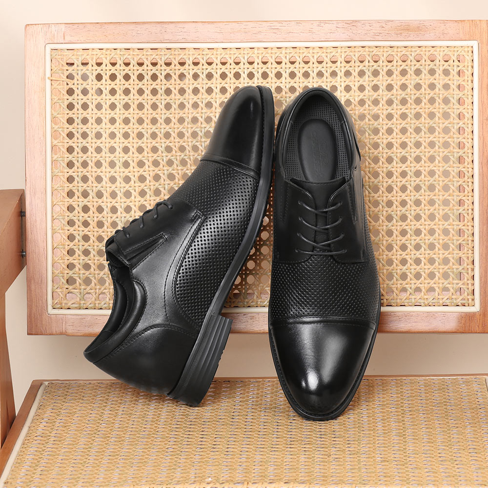 7 CM / 2.76 Inches CMR CHAMARIPA Men Height Increasing Shoes | Black Leather Cap-Toe Derby Shoes