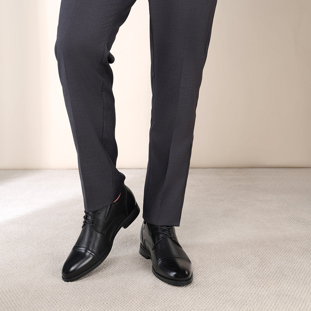 7 CM / 2.76 Inches CMR CHAMARIPA Men Height Increasing Shoes | Black Leather Cap-Toe Derby Shoes