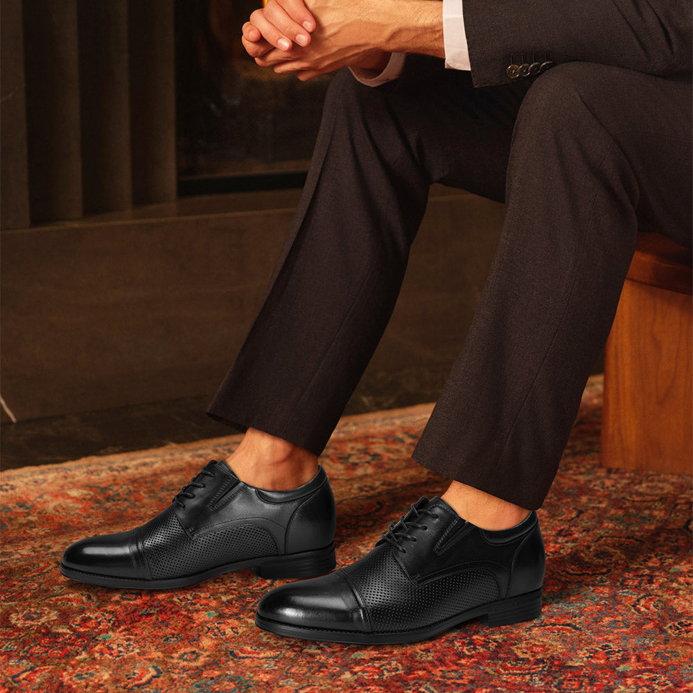 7 CM / 2.76 Inches CMR CHAMARIPA Men Height Increasing Shoes | Black Leather Cap-Toe Derby Shoes