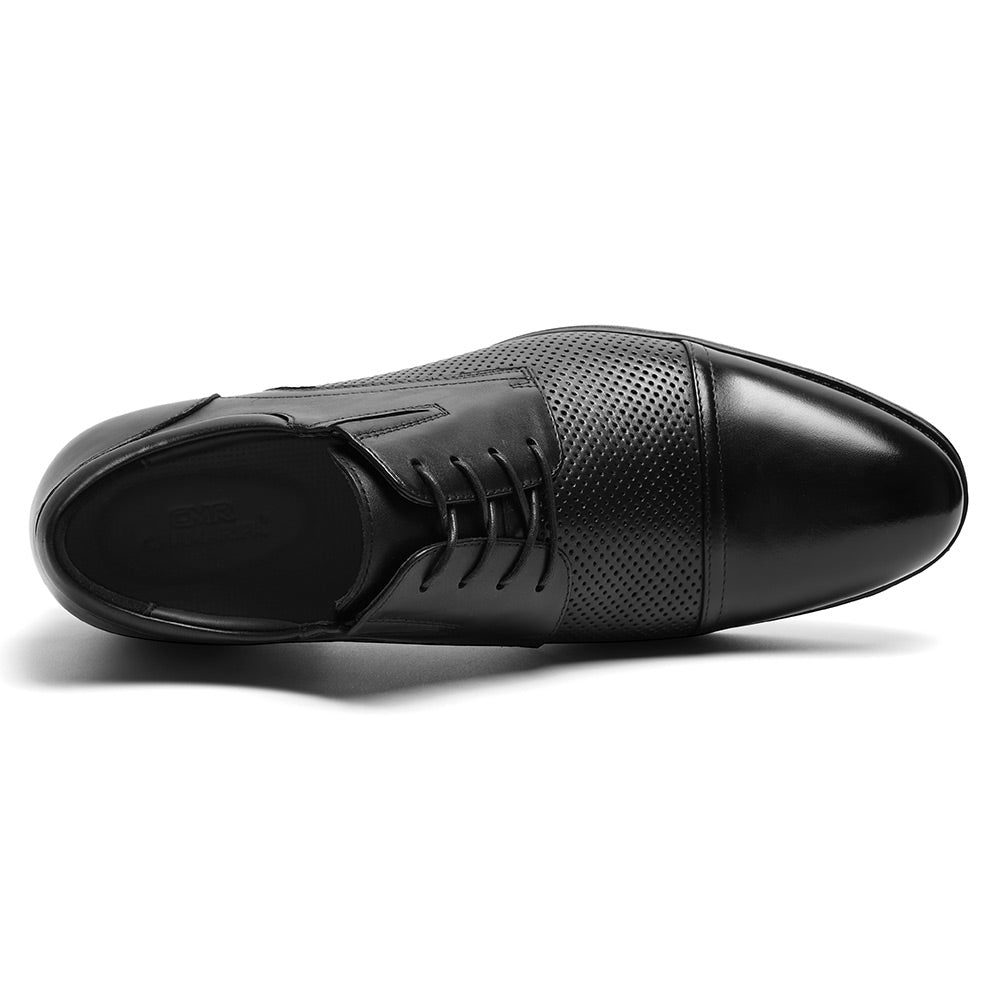 7 CM / 2.76 Inches CMR CHAMARIPA Men Height Increasing Shoes | Black Leather Cap-Toe Derby Shoes