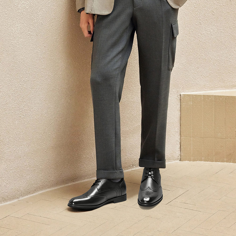 7CM / 2.76 Inches CMR CHAMARIPA Men's Height-Increasing Dress Shoes - Black Leather Wingtip Brogue Derby