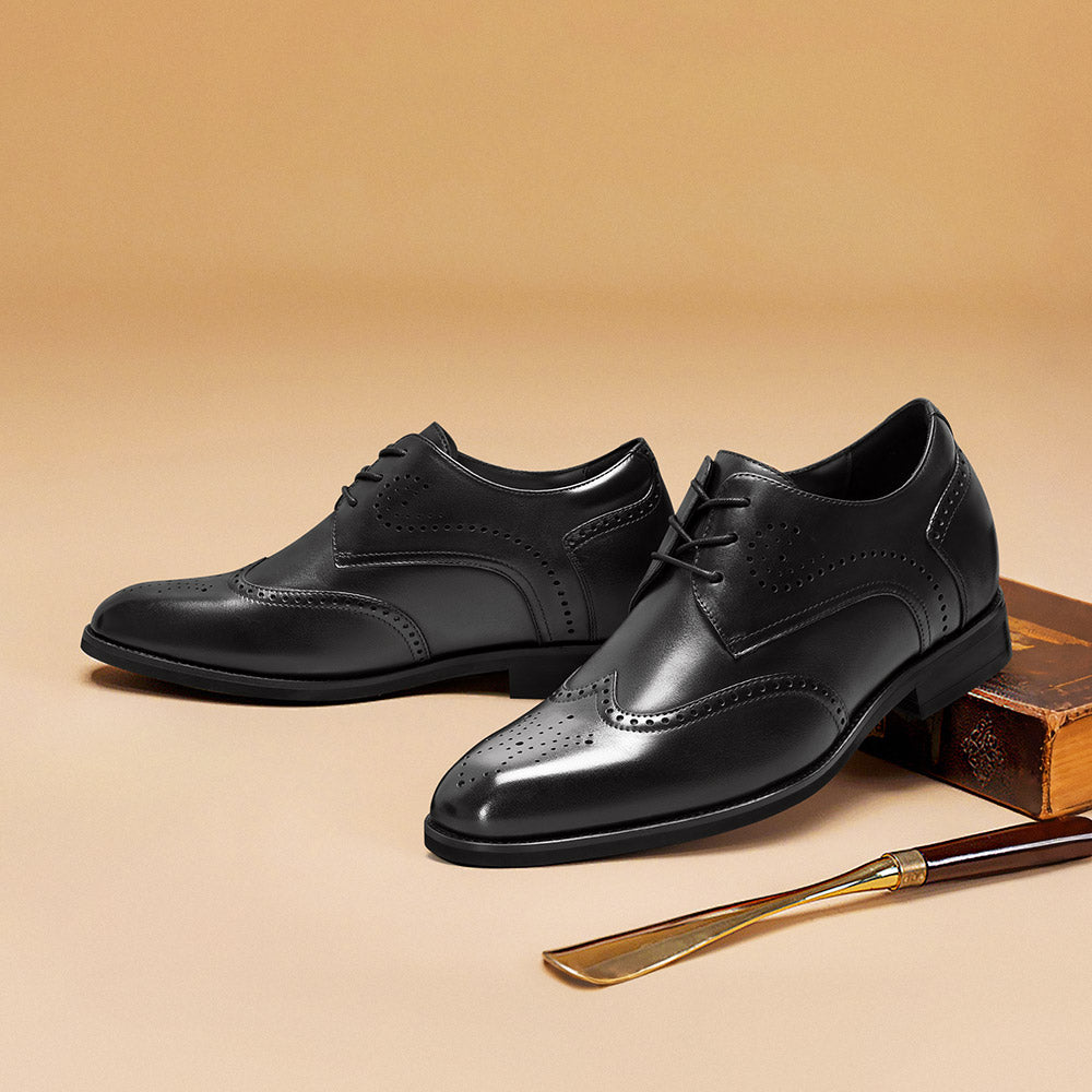 7CM / 2.76 Inches CMR CHAMARIPA Men's Height-Increasing Dress Shoes - Black Leather Wingtip Brogue Derby