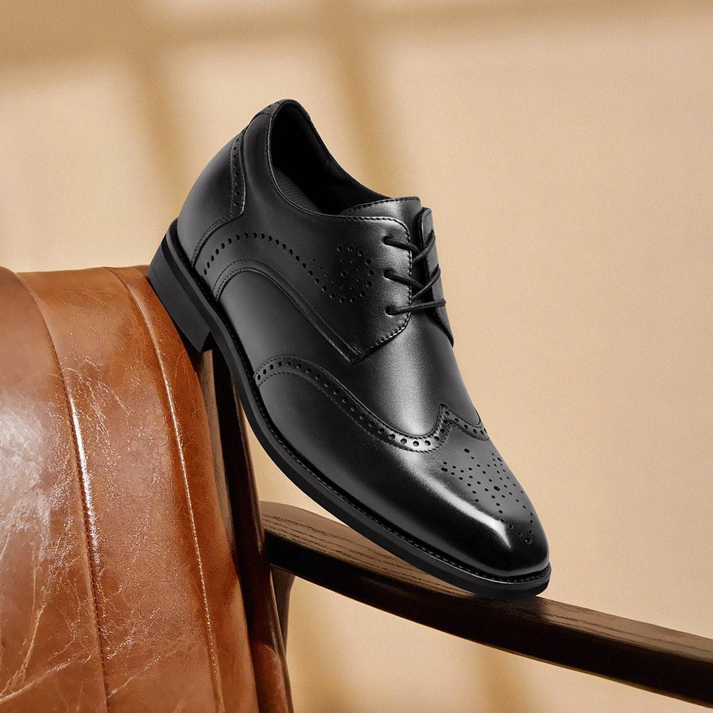 7CM / 2.76 Inches CMR CHAMARIPA Men's Height-Increasing Dress Shoes - Black Leather Wingtip Brogue Derby