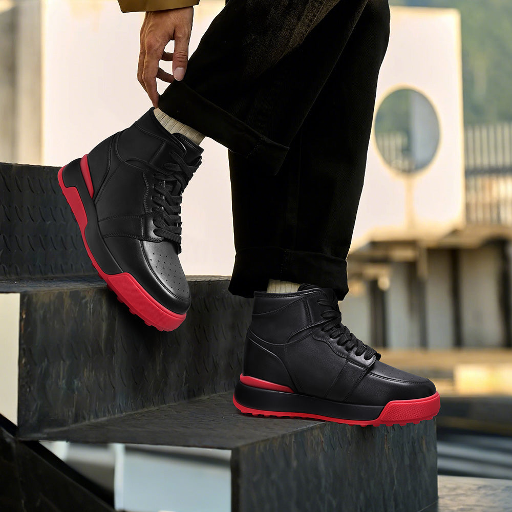 10CM / 3.94 Inches CMR CHAMARIPA Men's Height Increasing Sneakers | Black Leather High-Top Sneakers